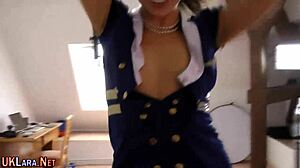 Hey, watch this British babe in stockings get creampied in a threesome