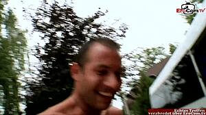 Brunette milf takes outdoor creampie in mmf threesome