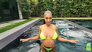 ebony babe jaymee green in bikini, bent over for blowjob and cowgirl riding on big cock