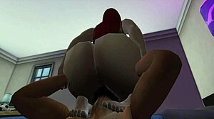 Black man thrusts into redhead woman's big ass in her room.