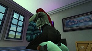 Black man thrusts into redhead woman's big ass in her room.