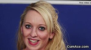 Watch this sexy model suck all the cum off her face