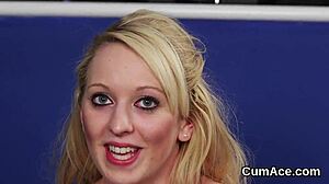 Watch this sexy model suck all the cum off her face