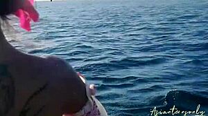 Exotic babe gets interracial cumshot in pussy after jet ski fun on the beach. Narrow ass and small tits shine in the sun.