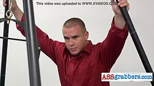 blindfolded gay ass grabber in swing threesome at office