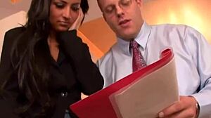 This exotic brunette babe dives into her accountant's muff with licking and doggystyle action.