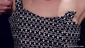 upside down brunette in rough bondage with head locked tight