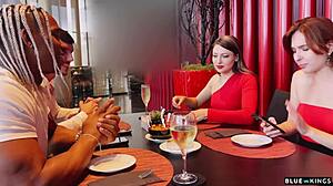 Pretty girl gets fucked by two guys after her friend leaves the date, then neighbor joins