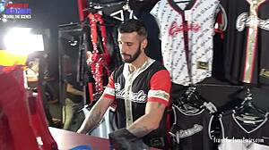 Exploring a threesome scene in a gay store setting.
