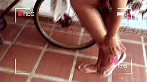 I see this housewife in lingerie sweeping the yard, showing her pussy and wanting to give ass