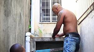 I see this housewife in lingerie sweeping the yard, showing her pussy and wanting to give ass