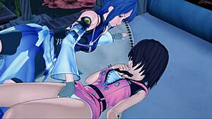 Aqua rubs Kiaris pussy before they eat each other.