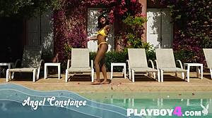 Asian milf angel constance poses outdoors in lingerie