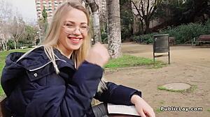 Blonde in pantyhose gives blowjob and fucks in public bushes.