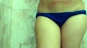 New girlfriend intensely fingers her big natural tits in the bathroom with Hindi talk.