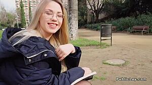 Blonde in pantyhose gives blowjob and fucks in public bushes.