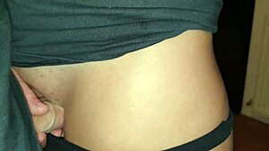 Brunette stepsister gives blowjob cum in panties wears them