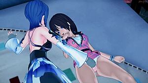 Aqua rubs Kiaris pussy before they eat each other.