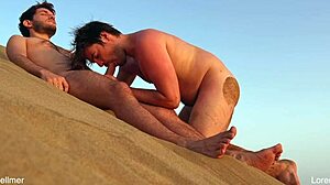 Naked skinny guys blowbang big cocks on public nudist beach, almost caught in nature exhibitionist fetish