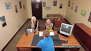 Blonde milf and teen cheerleader fucked hard at office