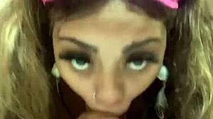 Ebony milf gives deepthroat blowjob to young dick pov