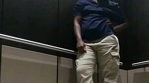 Ebony babe gets fingered and cums in public elevator scene