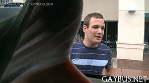 Wild jock engages in intense blowjob contest while riding cock inside a moving car