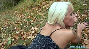 tattooed busty german blonde milf fucked hard against tree in public