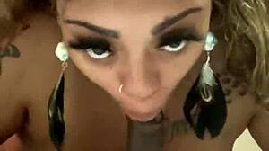 Ebony milf gives deepthroat blowjob to young dick pov