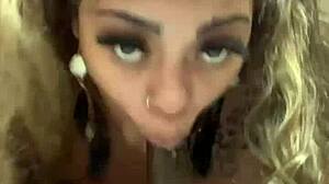 Ebony milf gives deepthroat blowjob to young dick pov