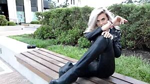 Russian blonde in leather heels teases with ass licking 😏