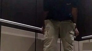 Ebony babe gets fingered and cums in public elevator scene