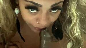 Ebony milf gives deepthroat blowjob to young dick pov