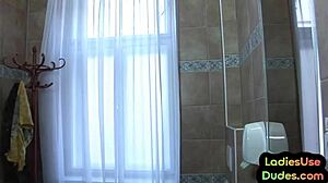 Femdom babes peg and spank sissy in cfnm threesome