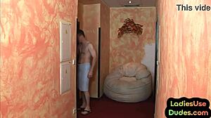 Femdom babes peg and spank sissy in cfnm threesome