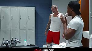 interracial guys isaac x and jake waters hang out in the locker room with jock straps on