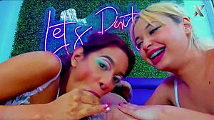 blonde neighbor teases with blowjobs and friend