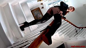 Mischievous Milf Red XXX Teases Hard in Leather Boots