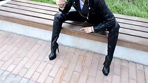 Russian blonde in leather heels teases with ass licking 😏