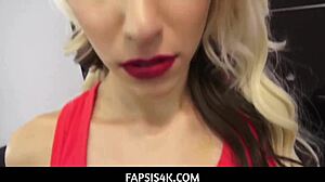 Skinny blonde stepsis says, 'Got caught, now blowjob time with stepbro's shaft'