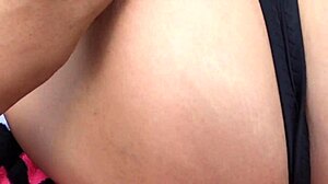 Wife feels adventurous in the park, wearing her thong bikini, flashing everyone with excitement