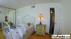 Blonde teen Elsa Jean woken up for hardcore creampie