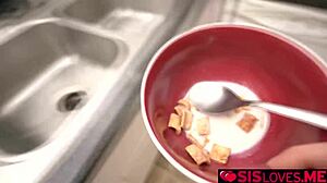 Stepsister Theodora Day Learns Wife Skills With Stepbrother's Big Cock Handjob In Kitchen