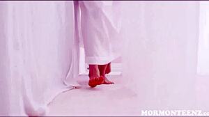 Mormon teen 18+s kate england & trillium compete for church president's cock in a group orgy.