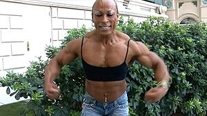Muscular women flex biceps suggestively