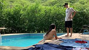 Natasha And Megan Tan Outdoors While The Lucky Guy Cleans The Pool, Then Swim Naked With Him