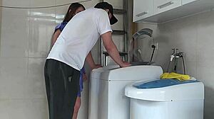 wife teases technician fixing washing machine by opening robe in red and sheer