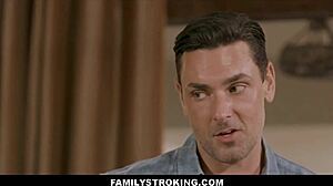 Petite blonde stepdaughter strokes stepdad and stepbrother