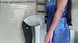 wife teases technician fixing washing machine by opening robe in red and sheer