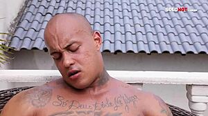 Look at this bodybuilder stroking his monster cock solo. He's cumming hard!